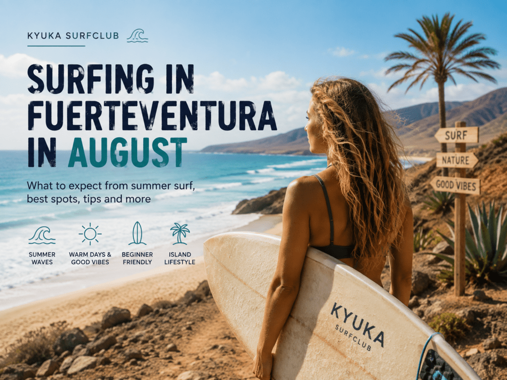 Surfer on a beach with surfing in august