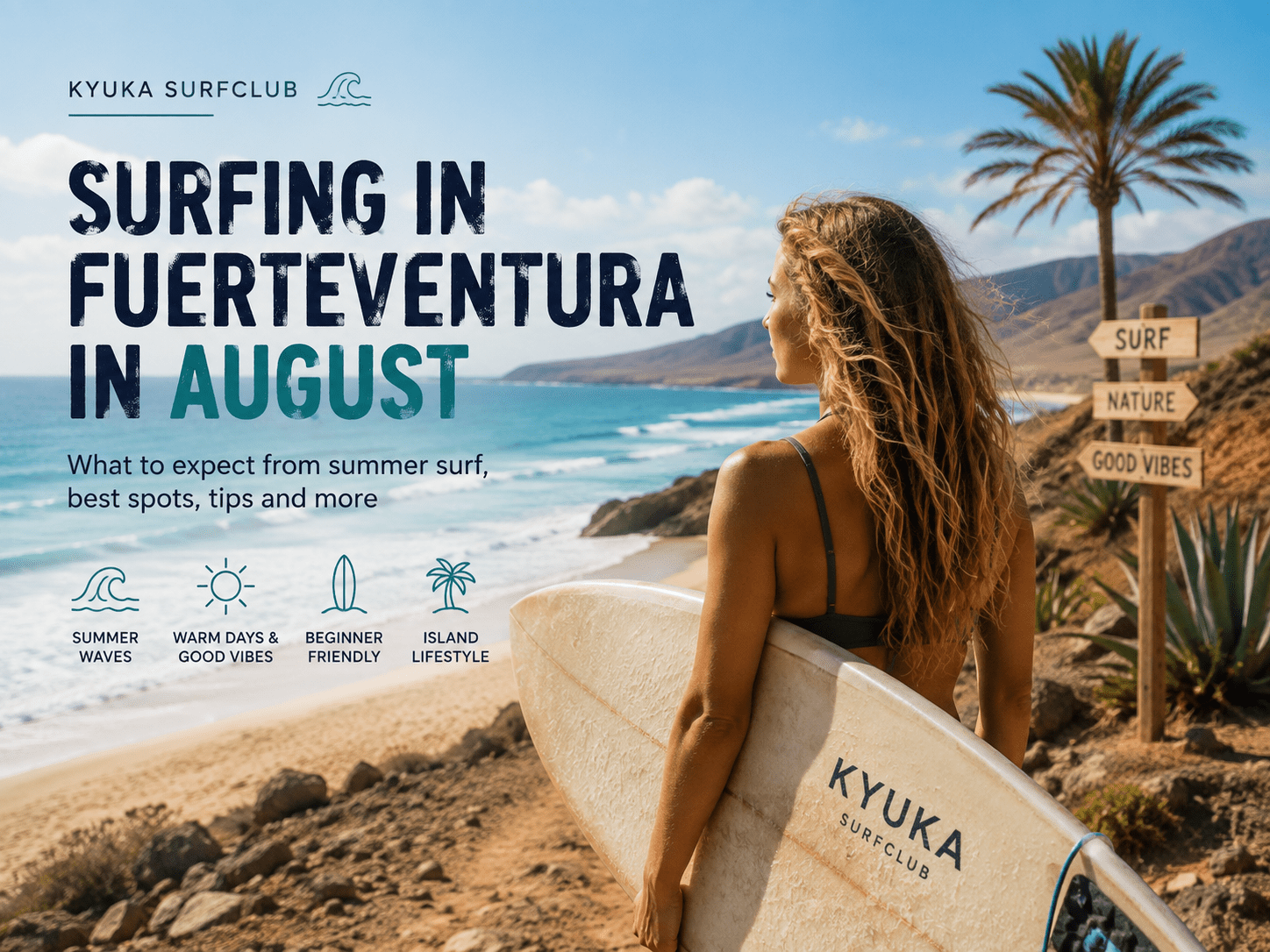 Surfer on a beach with surfing in august